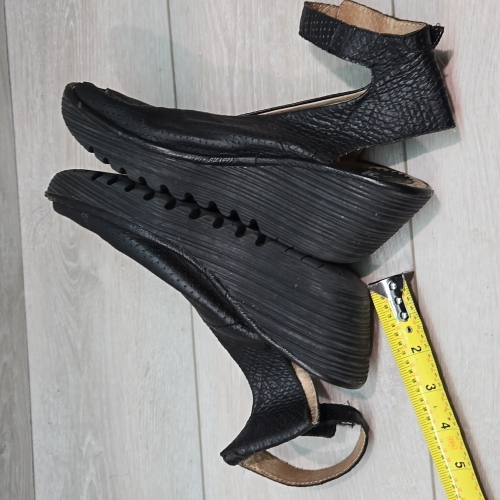 Fly London Black Perforated Peep-Toe Wedge Sandals - Picture 11 of 16